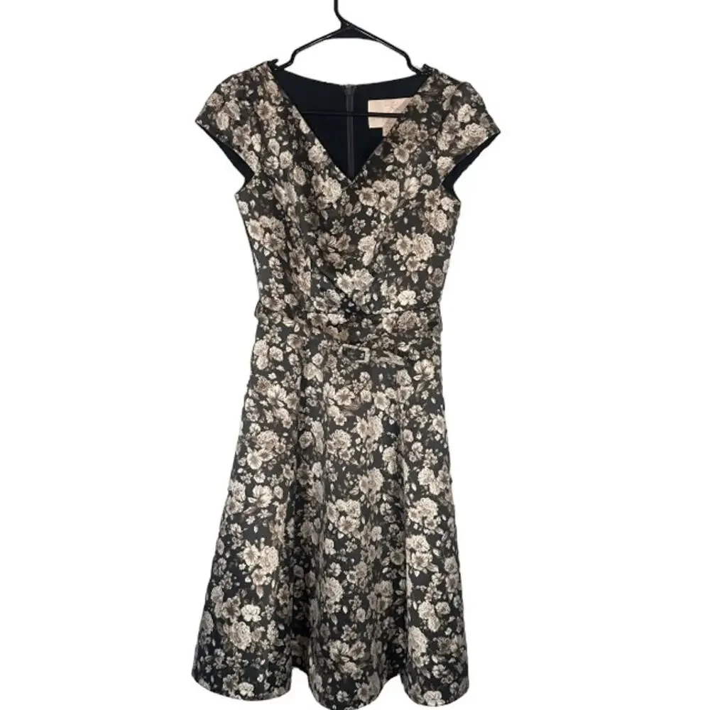 Gal Meets Glam Black Floral Short Cap Sleeve V-Neck Sheath Dress Women Sz 00